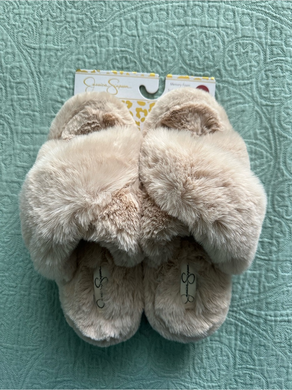 Jessica Simpson Plush Cross-Band Slippers in Light Beige